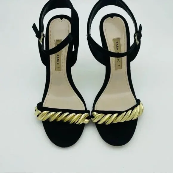 SOLD Zara Black Gold New High Heeled with Chain Sandals,  Sz 8/39 - Picture 2 of 11